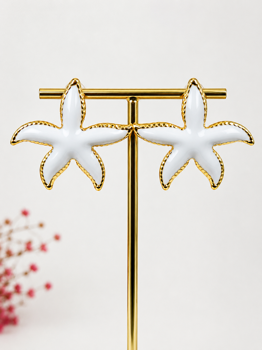 Boucles d’oreilles Étoile de Mer blanches – Acier inoxydable doré