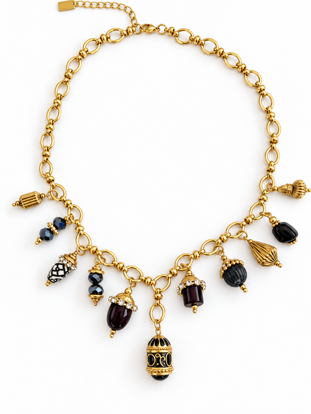 Collier à breloques noir et doré en acier inoxydable - 42 cm