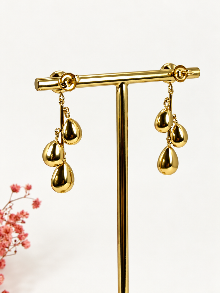Boucles d’oreilles pendantes à trois gouttes facettées – rouge ou ambré – 3,5 cm