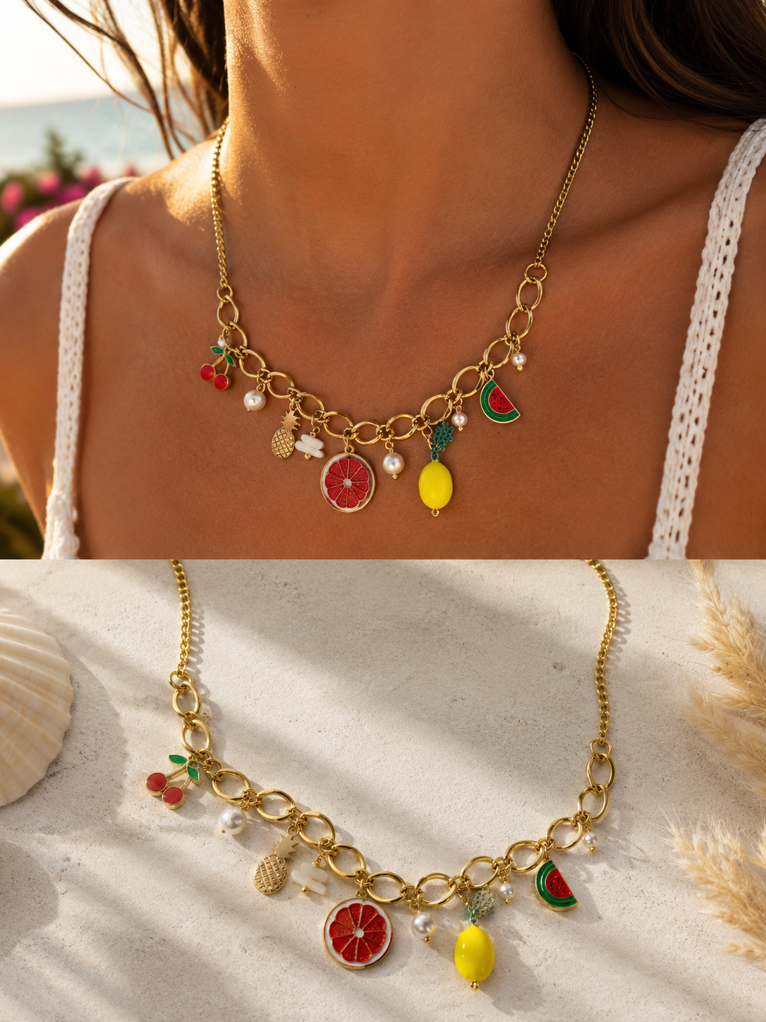 Collier Fruits Colorés en Acier Inoxydable Doré | Bijou Tendance Été