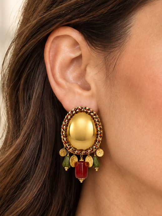 Boucles d’oreilles bohèmes dorées à perles rouges et vertes – Acier inoxydable, 7 cm