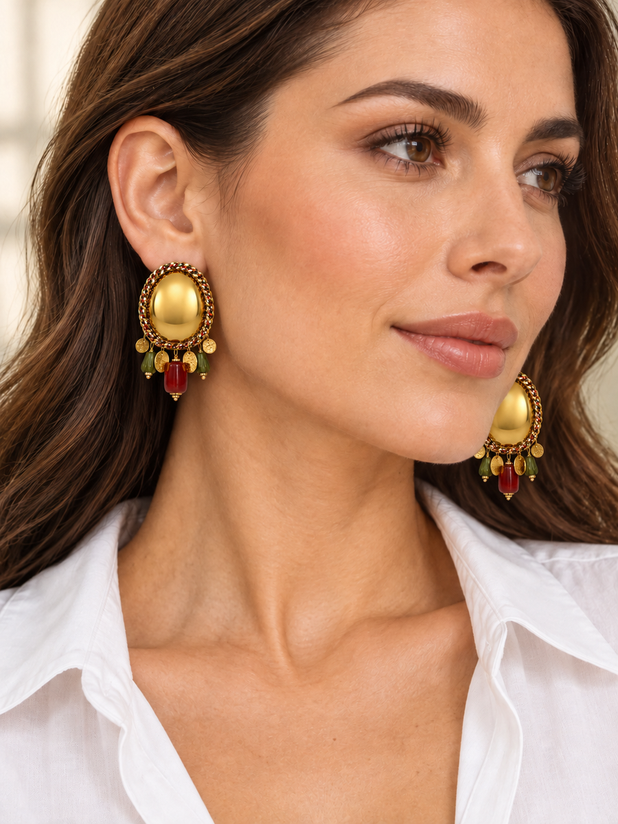 Boucles d’oreilles bohèmes dorées à perles rouges et vertes – Acier inoxydable, 7 cm