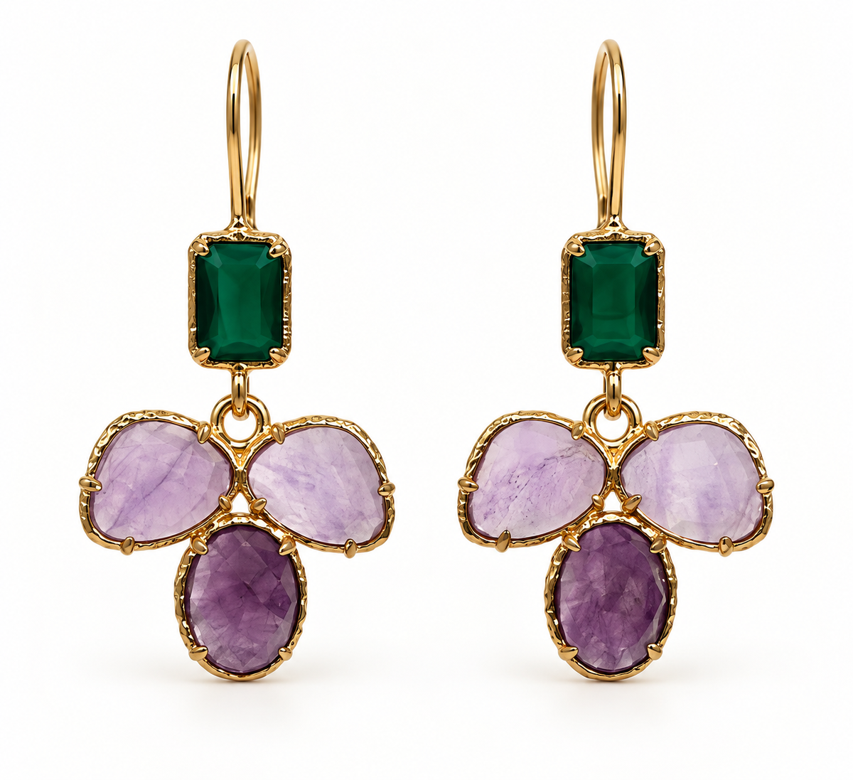 Boucles d’oreilles pendantes violettes et vertes en acier inoxydable doré – 3,5 cm