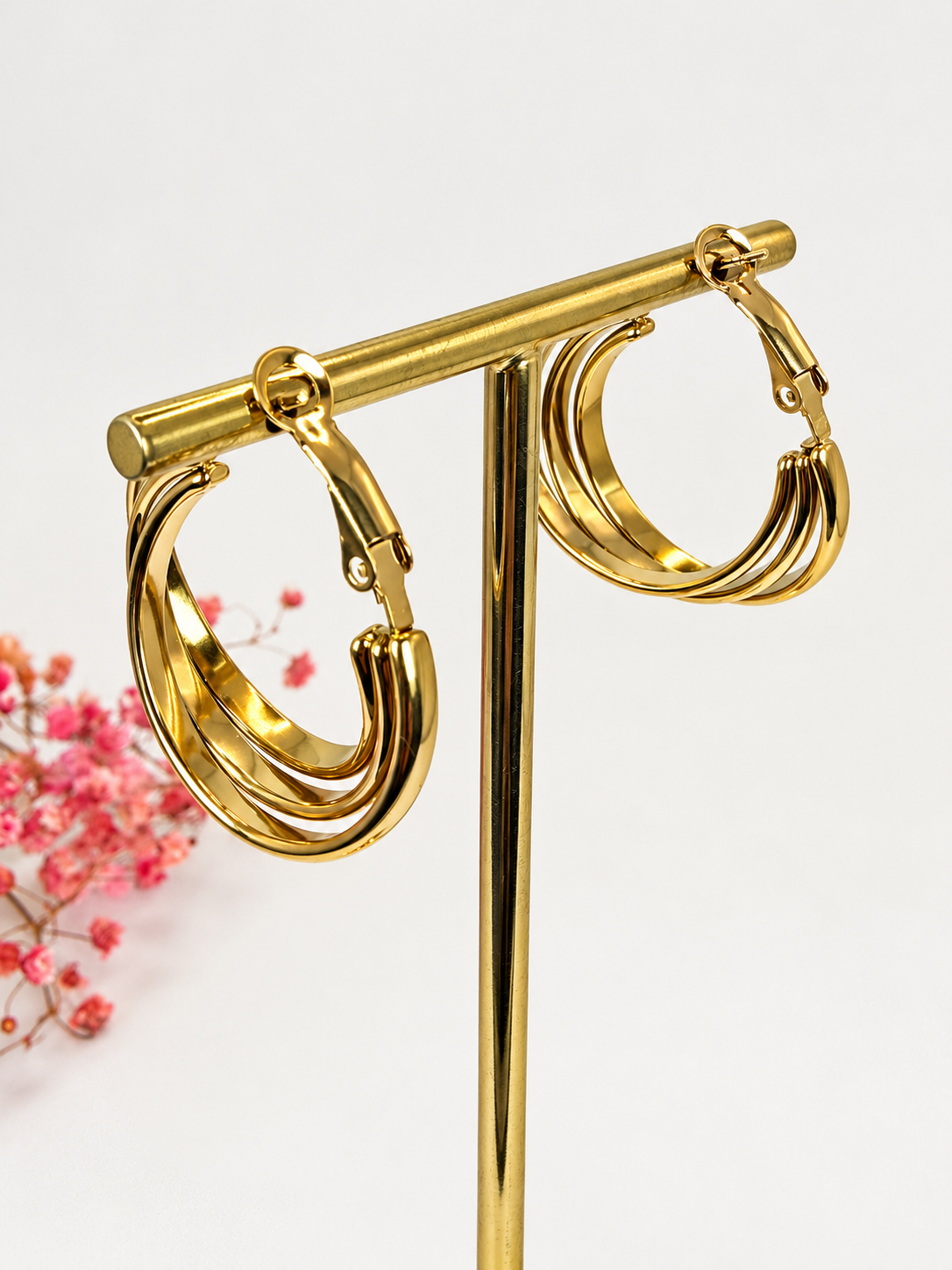 Boucles d'oreilles créoles multi-rangs dorées en acier inoxydable – 4 cm