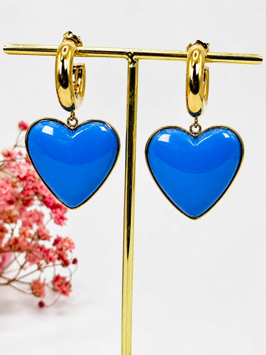 Boucles d’oreilles cœur bleu en acier inoxydable doré
