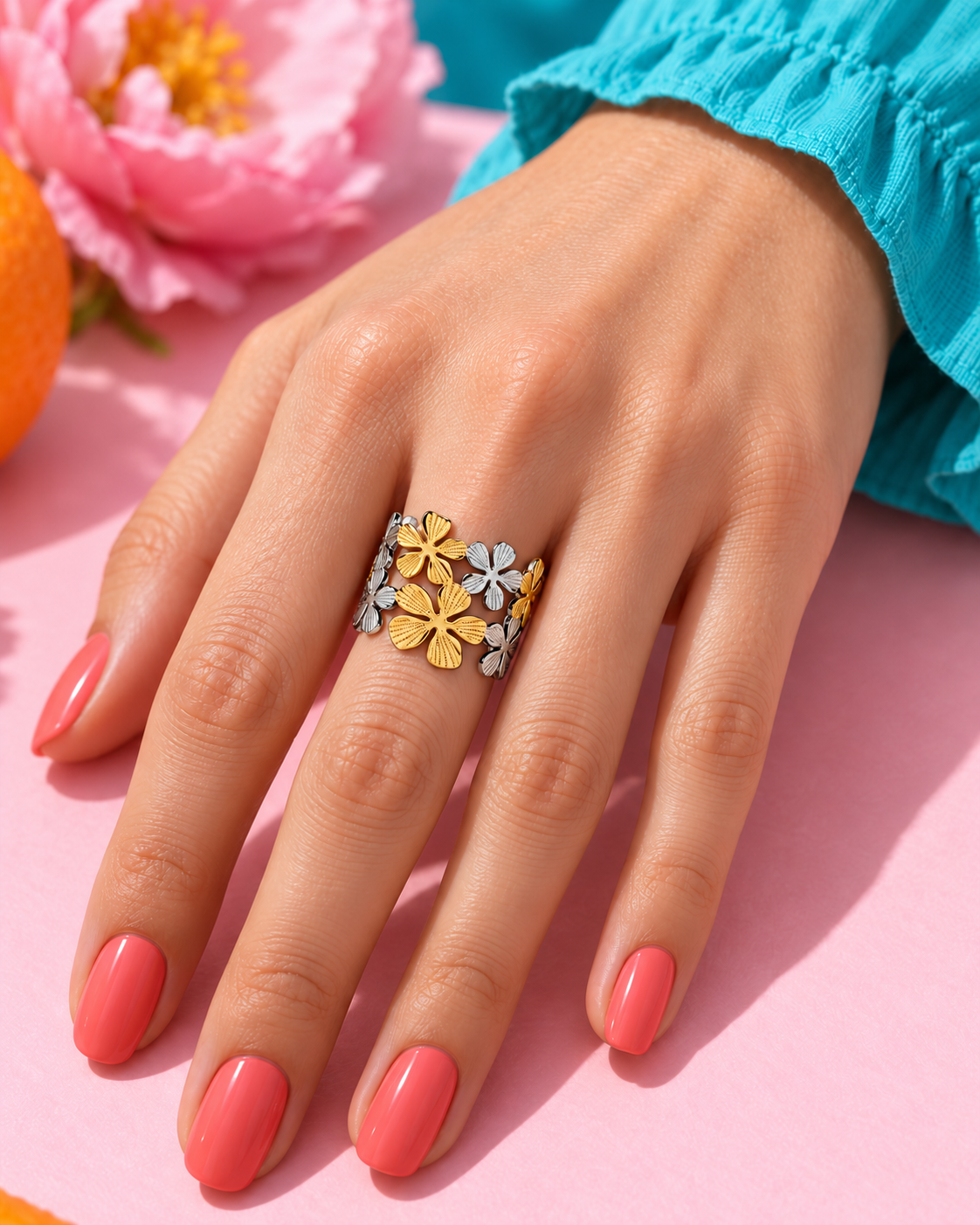Bague fleurs bicolore en acier inoxydable – Réglable, largeur 1,5 cm