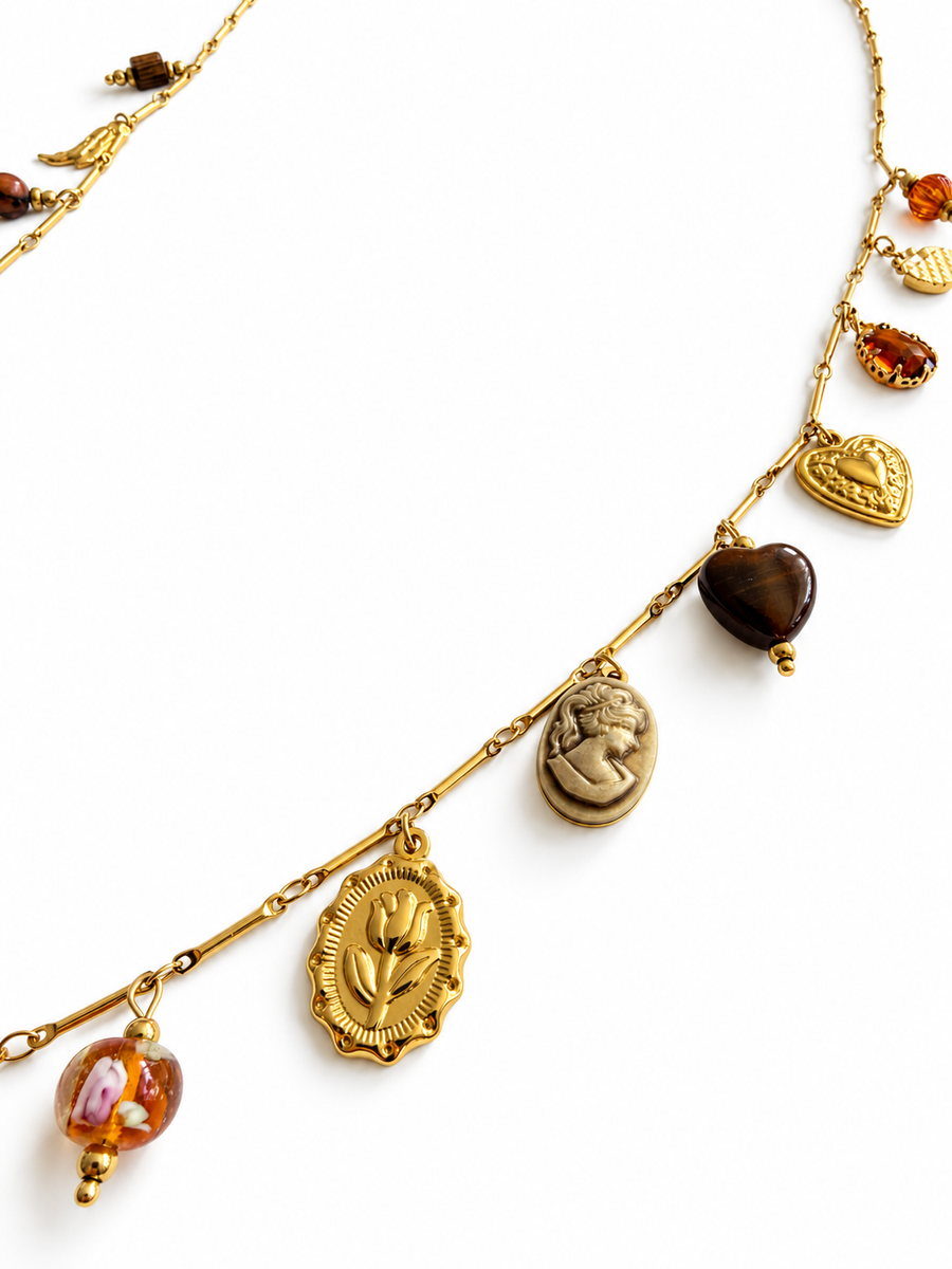 Collier Sautoir camée doré à breloques et perles fleuries en acier inoxydable