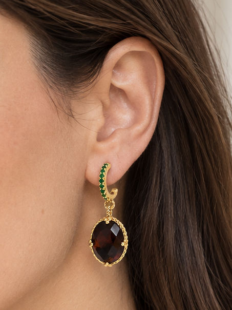 Boucles d’oreilles dorées à pendentif ovale marron et détails verts – Acier inoxydable