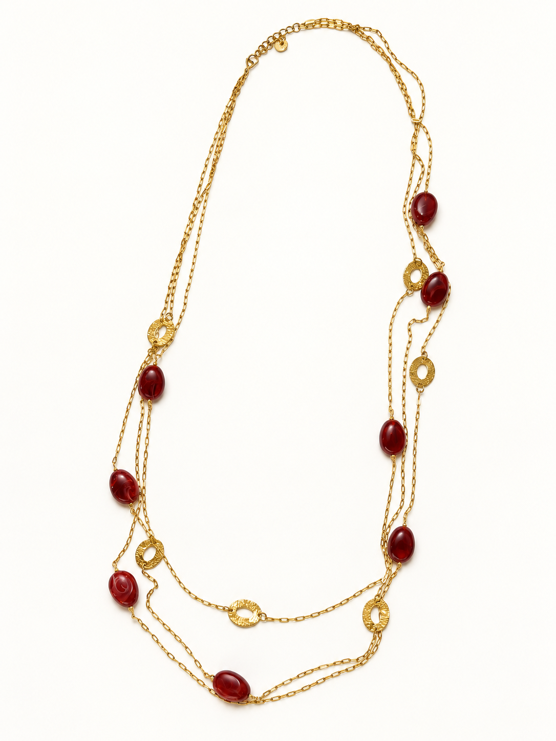Collier Sautoir trois rangs à perles colorées – vert, bordeaux ou ambré