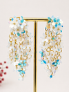 Boucles d’oreilles pendantes fleurs blanches et bleu ciel – Longueur 8 cm