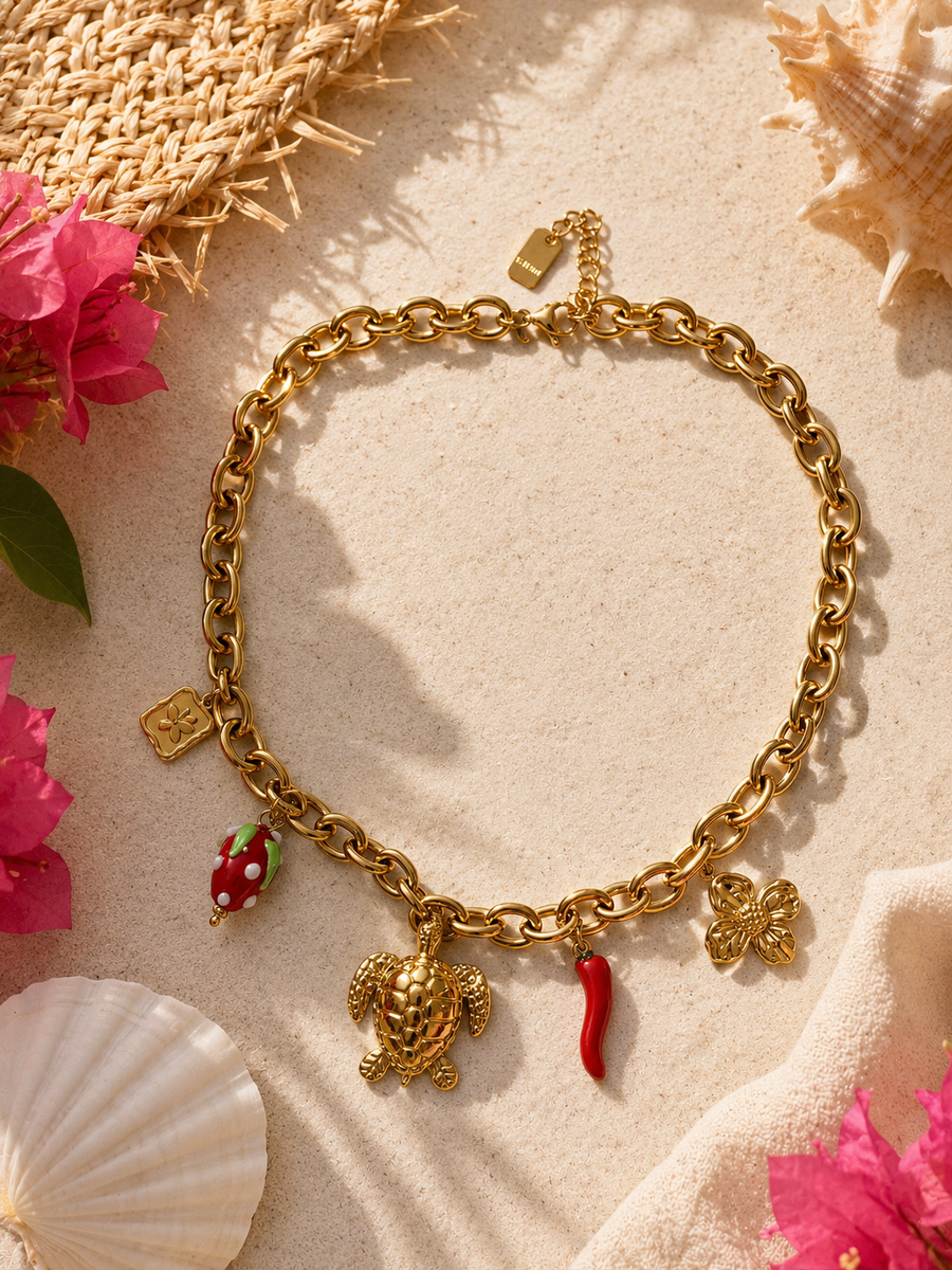 Collier Charms Doré en Acier Inoxydable – Esprit Tropical & Bohème Chic