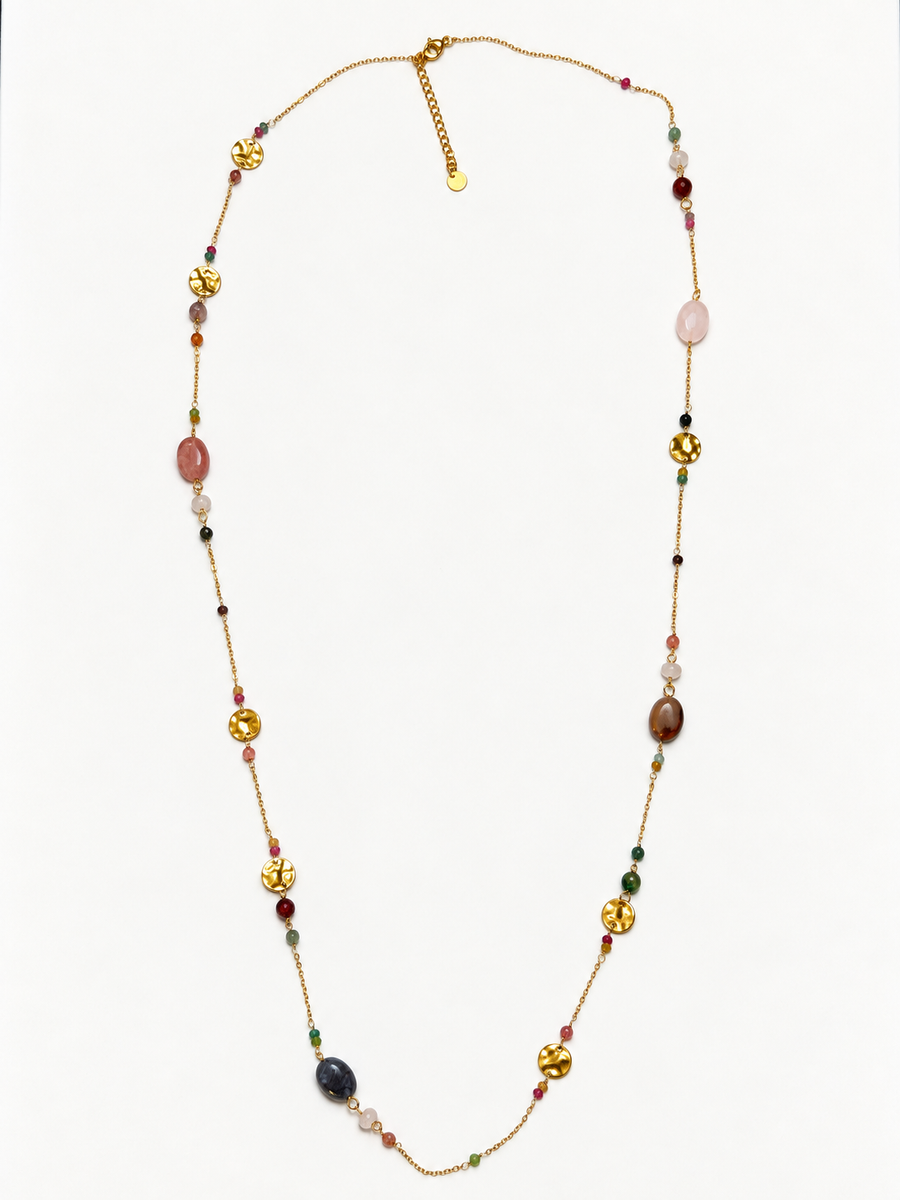Collier sautoir à perles colorées et pastilles dorées – 89 cm
