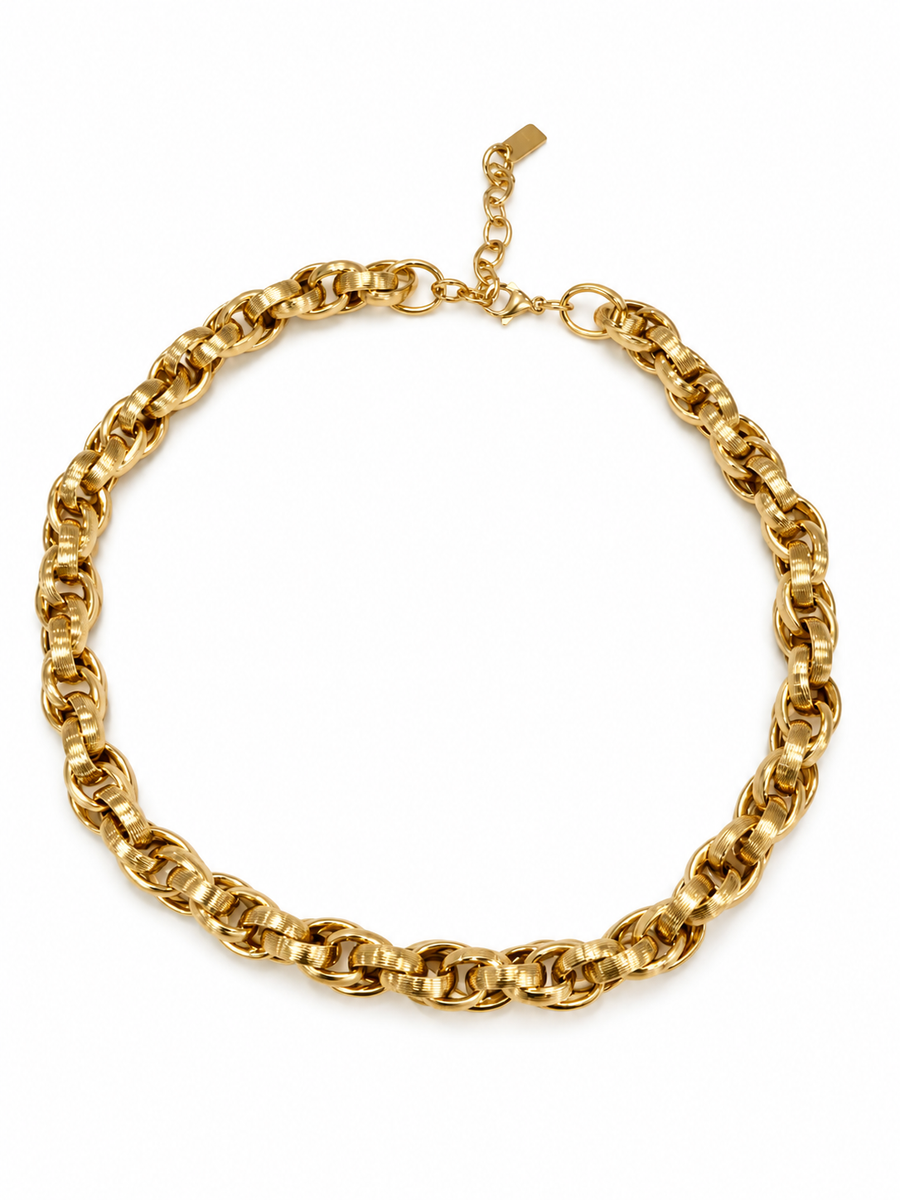Collier chaîne dorée à gros maillons striés en acier inoxydable
